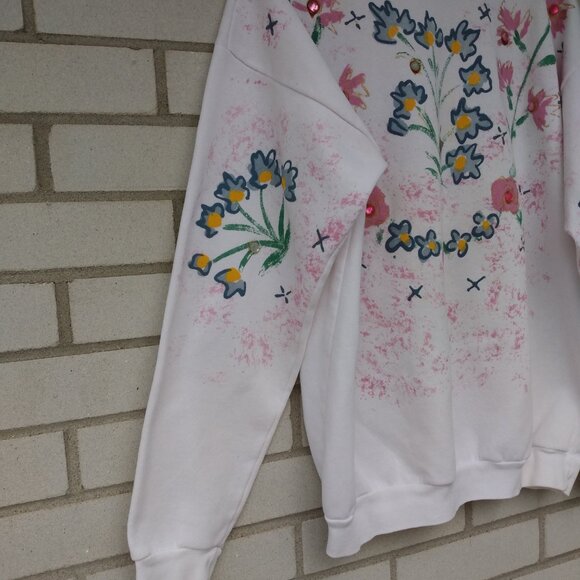 Vintage Hand Painted Bejeweled Sweatshirt White Pink Floral 44" Bust - Picture 5 of 11